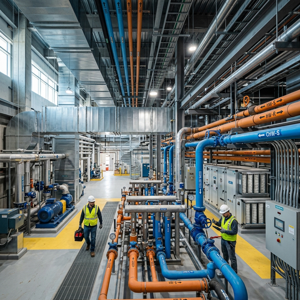 Mechanical engineer reviewing HVAC blueprints and cost estimates