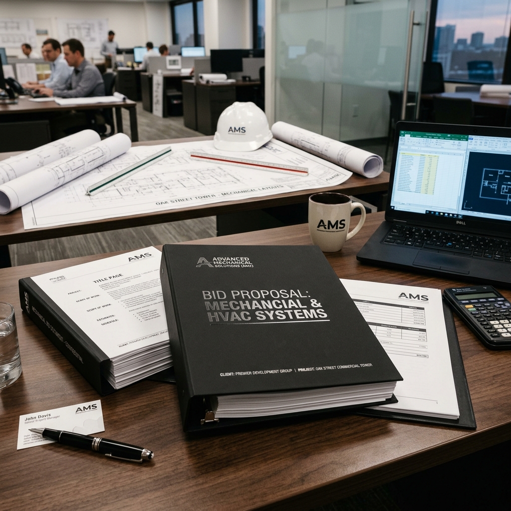 Mechanical contractor reviewing high-value bid proposal packets